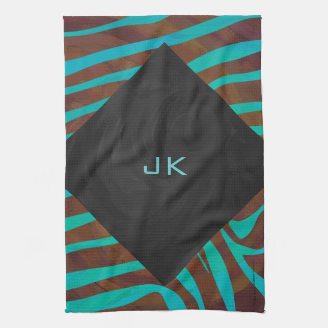 Zebra Brown and Teal with Monogram Kitchen Towel (Vertical)