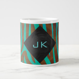 Zebra Brown and Teal with Monogram Large Coffee Mug