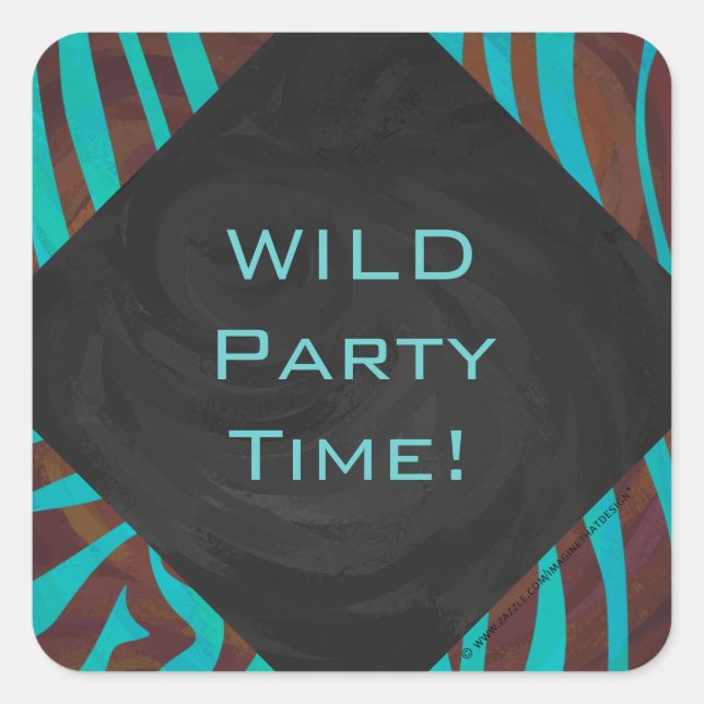 Zebra Brown and Teal with Monogram Square Sticker (Front)