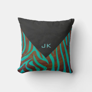 Zebra Brown and Teal with Monogram Throw Pillow