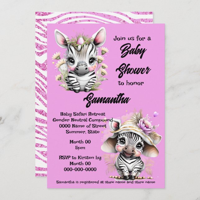 Zebra cartoon cute jungle safari girls glitter invitation (Front/Back)