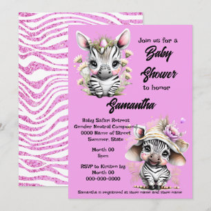 Zebra cartoon cute jungle safari girls glitter invitation