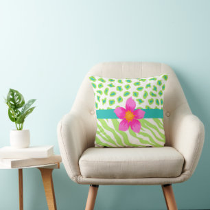 Zebra Cheetah Leopard Skin Green White Pink Flower Throw Pillow
