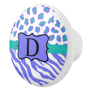 Zebra Cheetah Leopard Skin Monogram Lavender White Ceramic Knob