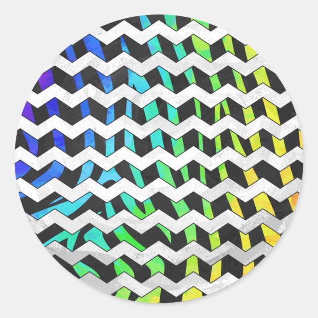 Zebra Chevron Black and Rainbow Print Classic Round Sticker (Front)