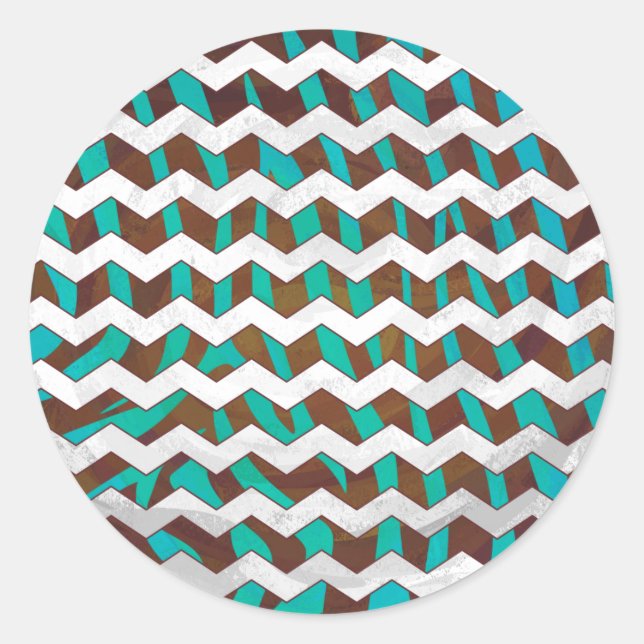 Zebra Chevron Brown and Teal Print Classic Round Sticker (Front)