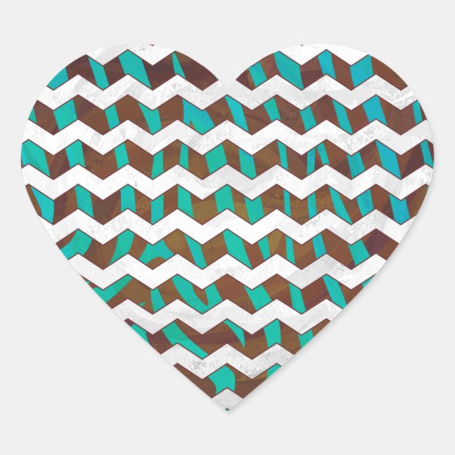 Zebra Chevron Brown and Teal Print Heart Sticker (Front)