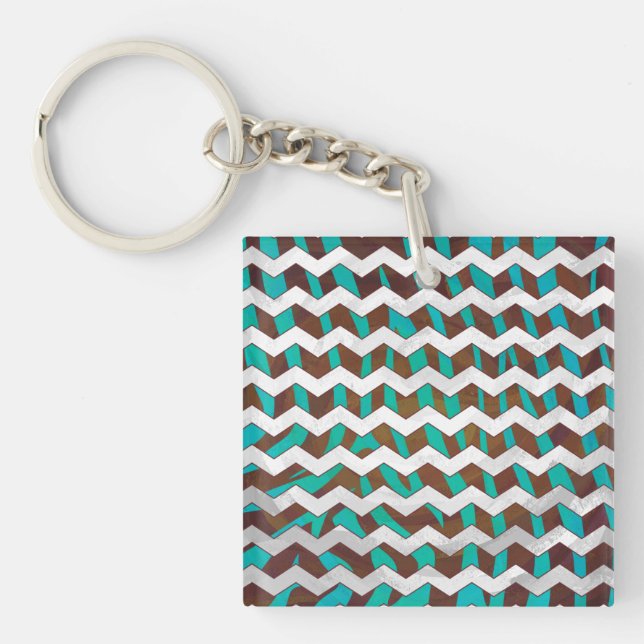 Zebra Chevron Brown and Teal Print Keychain (Front)