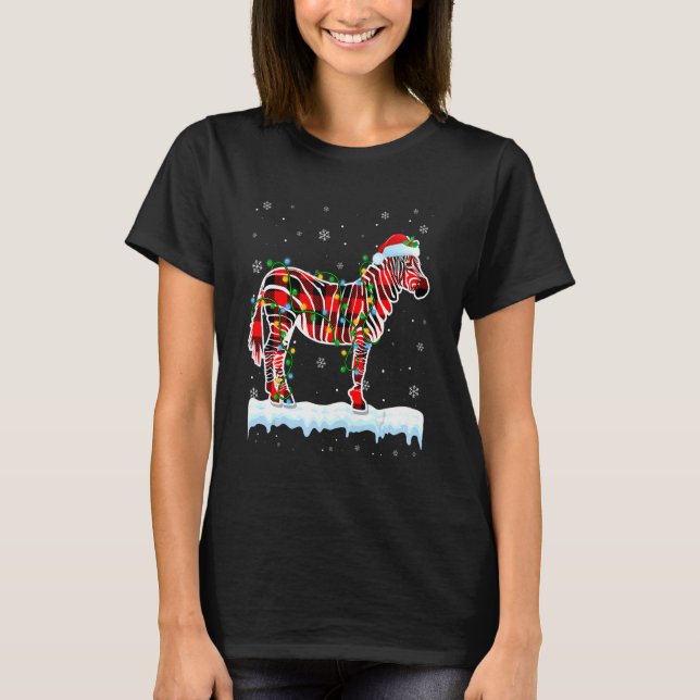 Zebra  Christmas Santa Hat Cute Animals Xmas Light T-Shirt (Front)