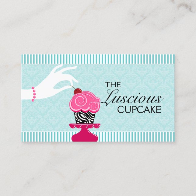 Zebra Cupcake Turquoise Damask Bakery Business Card (Front)