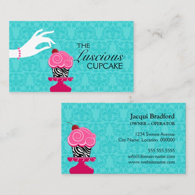 Zebra Cupcake Turquoise Damask Bakery Business Card (Front/Back)