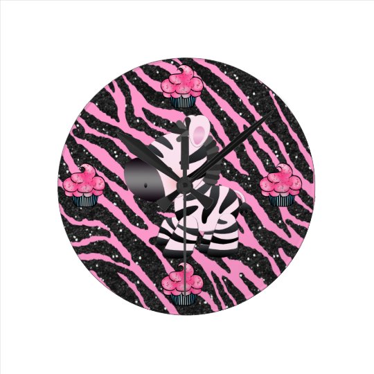 Zebra & Cupcakes Pink & Black Glitter Animal Print Clocks
