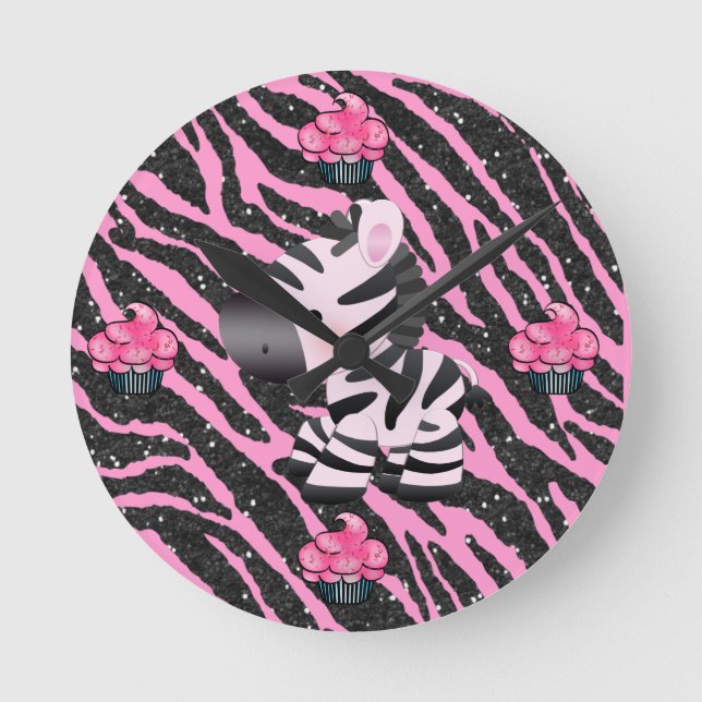 Zebra & Cupcakes Pink & Black Glitter Animal Print Round Clock (Front)