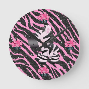 Zebra & Cupcakes Pink & Black Glitter Animal Print Round Clock