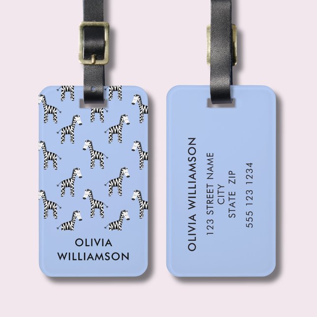 Zebra cute kids blue luggage tag (Kids zebra print blue  personalised luggage tag)