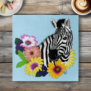 Zebra Daisies Blue Jigsaw Puzzle