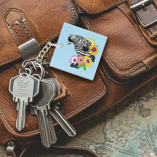 Zebra Daisies Blue Keychain