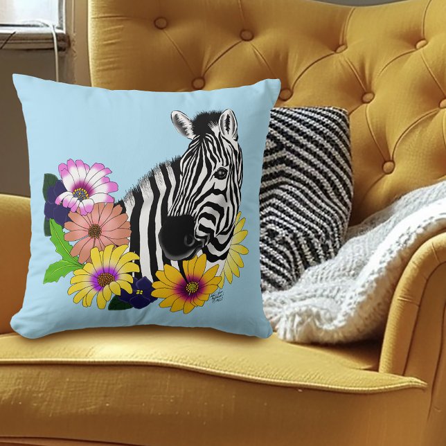 Zebra Daisies Blue Throw Pillow (Creator Uploaded)