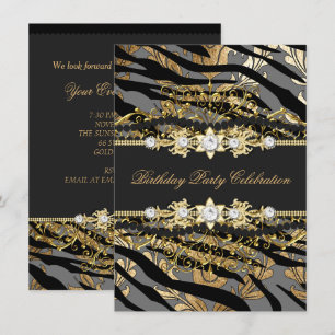 Zebra Damask Gold Black Foil Beige Elegant Party Invitation