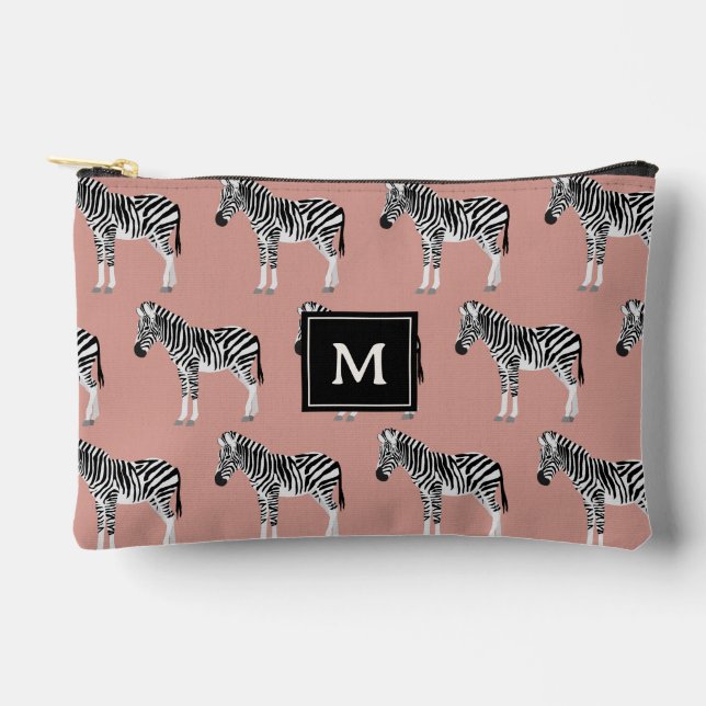 Zebra Exotic Animal Pattern Blush Pink Monogram Accessory Pouch (Front)