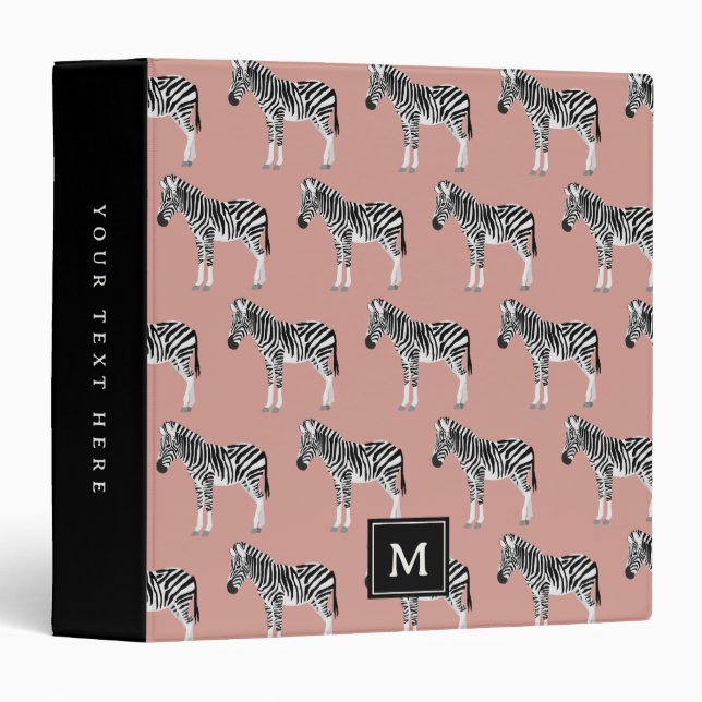 Zebra Exotic Animal Pattern Blush Pink Monogram Binder (Front/Spine)