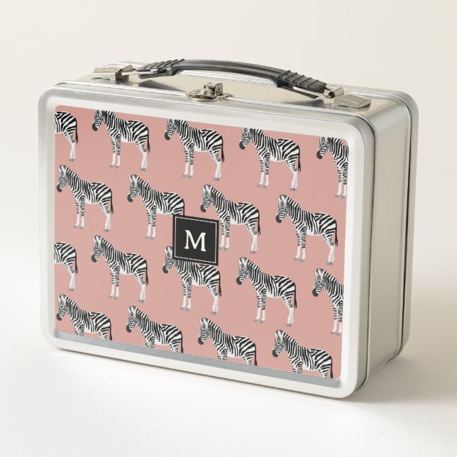 Zebra Exotic Animal Pattern Blush Pink Monogram Metal Lunch Box (Front)