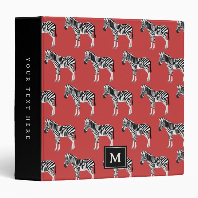 Zebra Exotic Animal Pattern Deep Red Monogram Binder (Front/Spine)