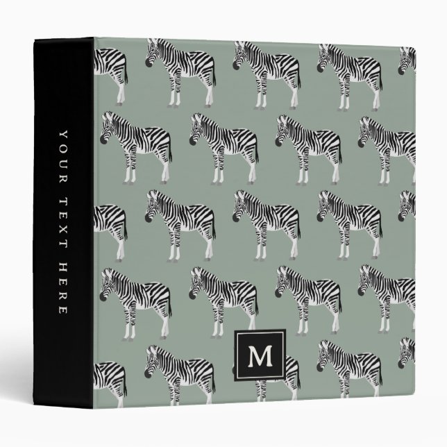 Zebra Exotic Animal Pattern Sage Green Monogram Binder (Front/Spine)