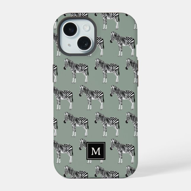 Zebra Exotic Animal Pattern Sage Green Monogram iPhone 15 Case (Back)