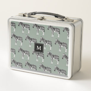 Zebra Exotic Animal Pattern Sage Green Monogram Metal Lunch Box