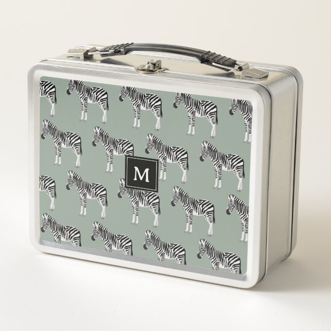Zebra Exotic Animal Pattern Sage Green Monogram Metal Lunch Box (Front)