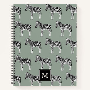 Zebra Exotic Animal Pattern Sage Green Monogram Notebook