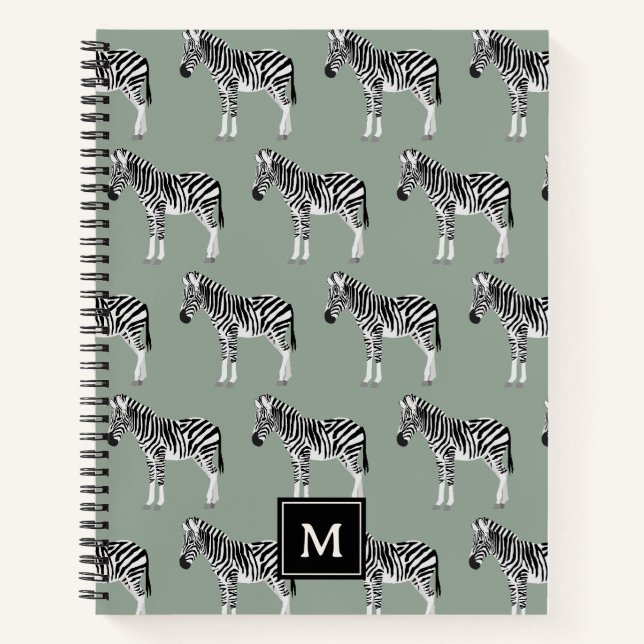 Zebra Exotic Animal Pattern Sage Green Monogram Notebook (Front)