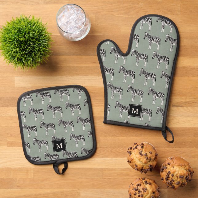 Zebra Exotic Animal Pattern Sage Green Monogram Oven Mitt & Pot Holder Set (Top Down)