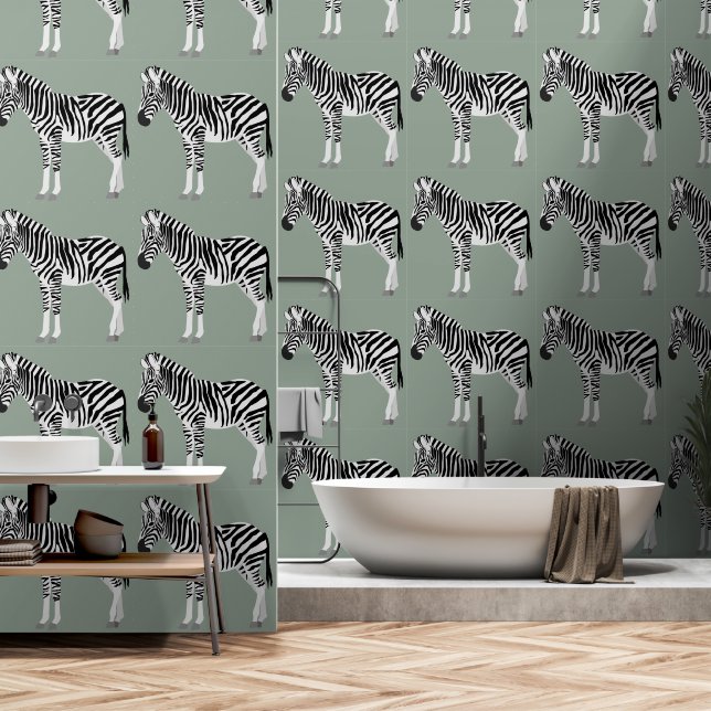 Zebra Exotic Animal Pattern Sage Green  Wallpaper (Bathroom)
