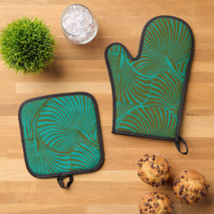 Zebra Fan Palm Hawaiian Tropical Jade Green Oven Mitt & Pot Holder Set