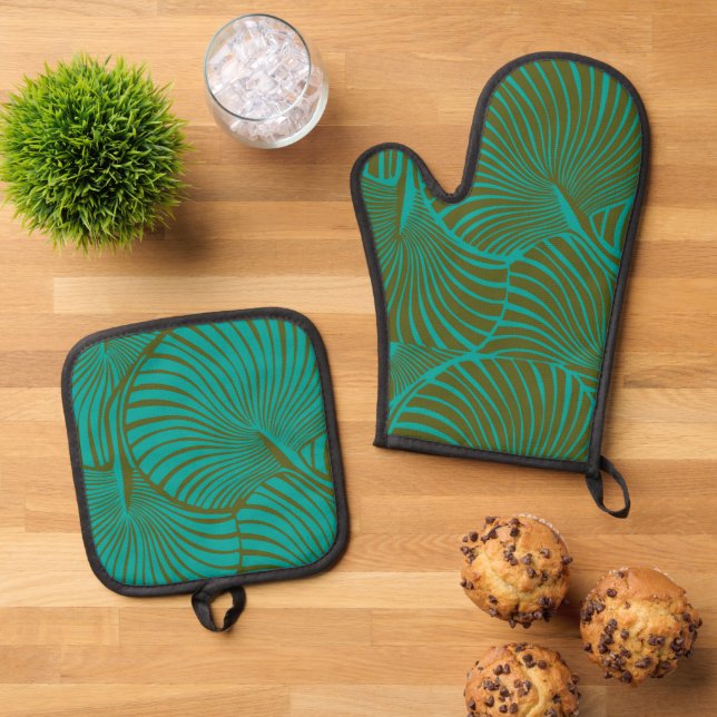 Zebra Fan Palm Hawaiian Tropical Jade Green Oven Mitt & Pot Holder Set (Top Down)