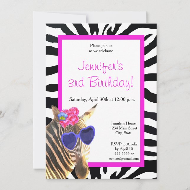Zebra fashion glamour animal girl happy birthday invitation (Front)