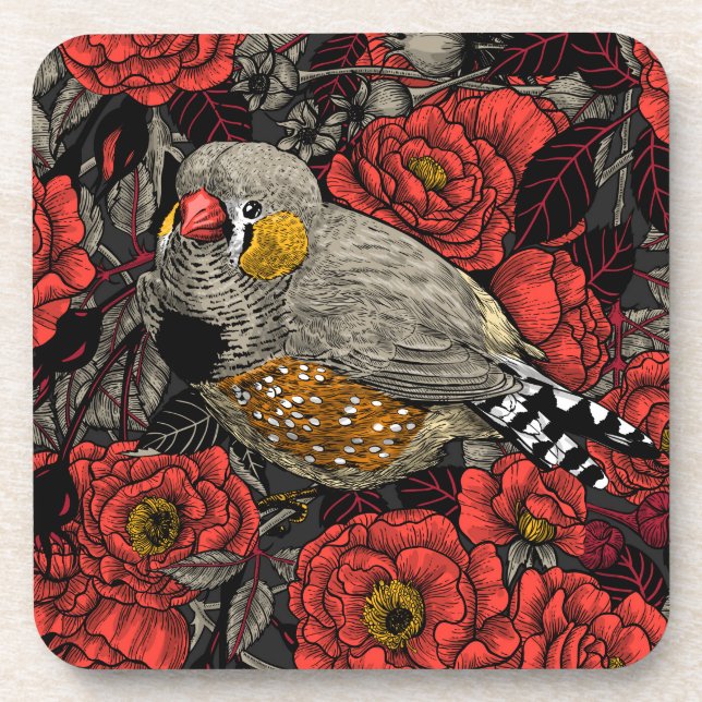 Zebra finch and red rose bush coaster (Front)