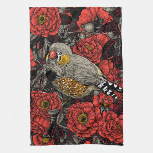Zebra finch and red rose bush kitchen towel