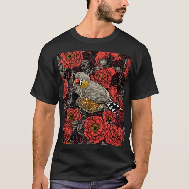 Zebra finch and red rose bush T-Shirt (Front)