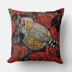 Zebra finch and red rose bush throw pillow