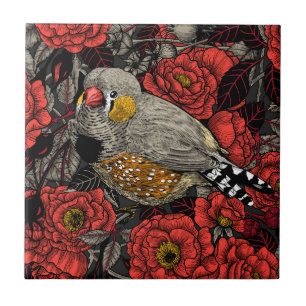 Zebra finch and red rose bush tile