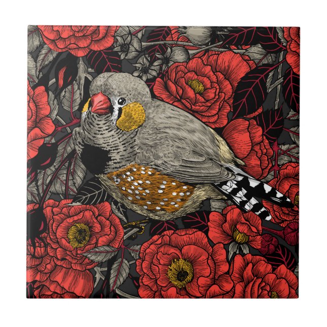 Zebra finch and red rose bush tile (Front)