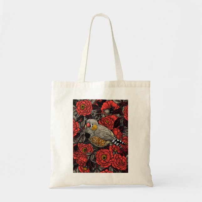 Zebra finch and red rose bush tote bag (Front)