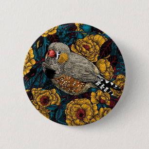 Zebra finch and rose bush 2 inch round button