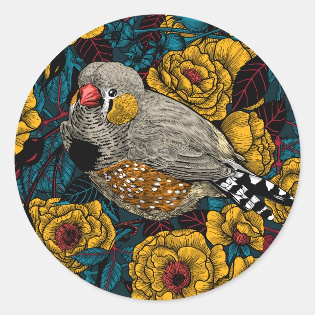 Zebra finch and rose bush classic round sticker (Front)