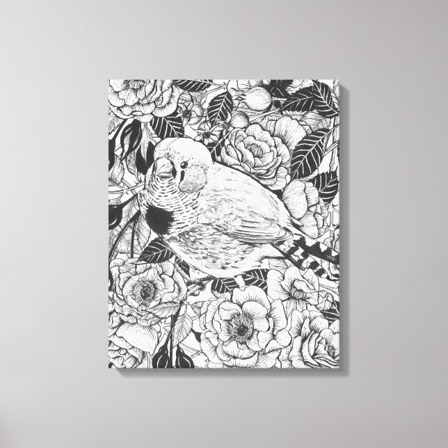 Zebra finch and rose bush ink drawing canvas print (Front)