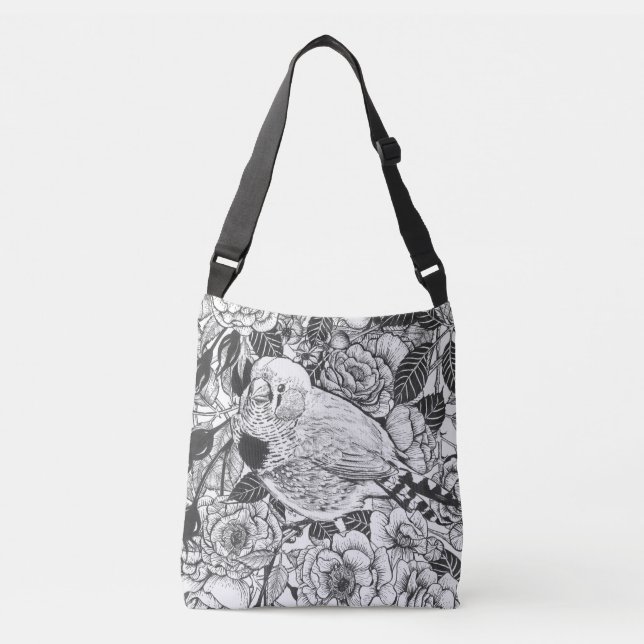 Zebra finch and rose bush ink drawing crossbody bag (Front)