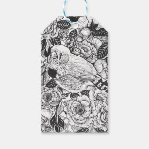 Zebra finch and rose bush ink drawing gift tags